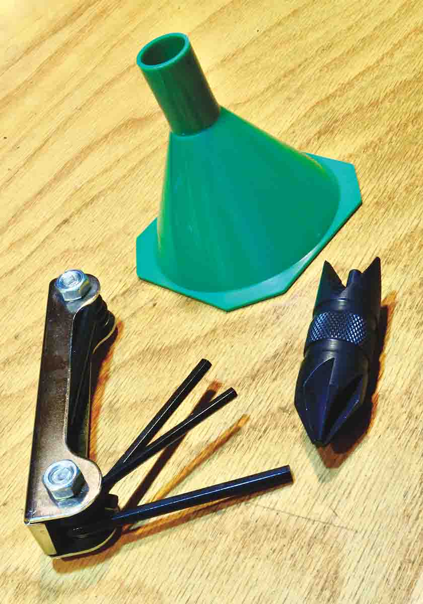 More essential bits: Powder funnel, case-neck deburring tool and a multi-bit Allen key set.